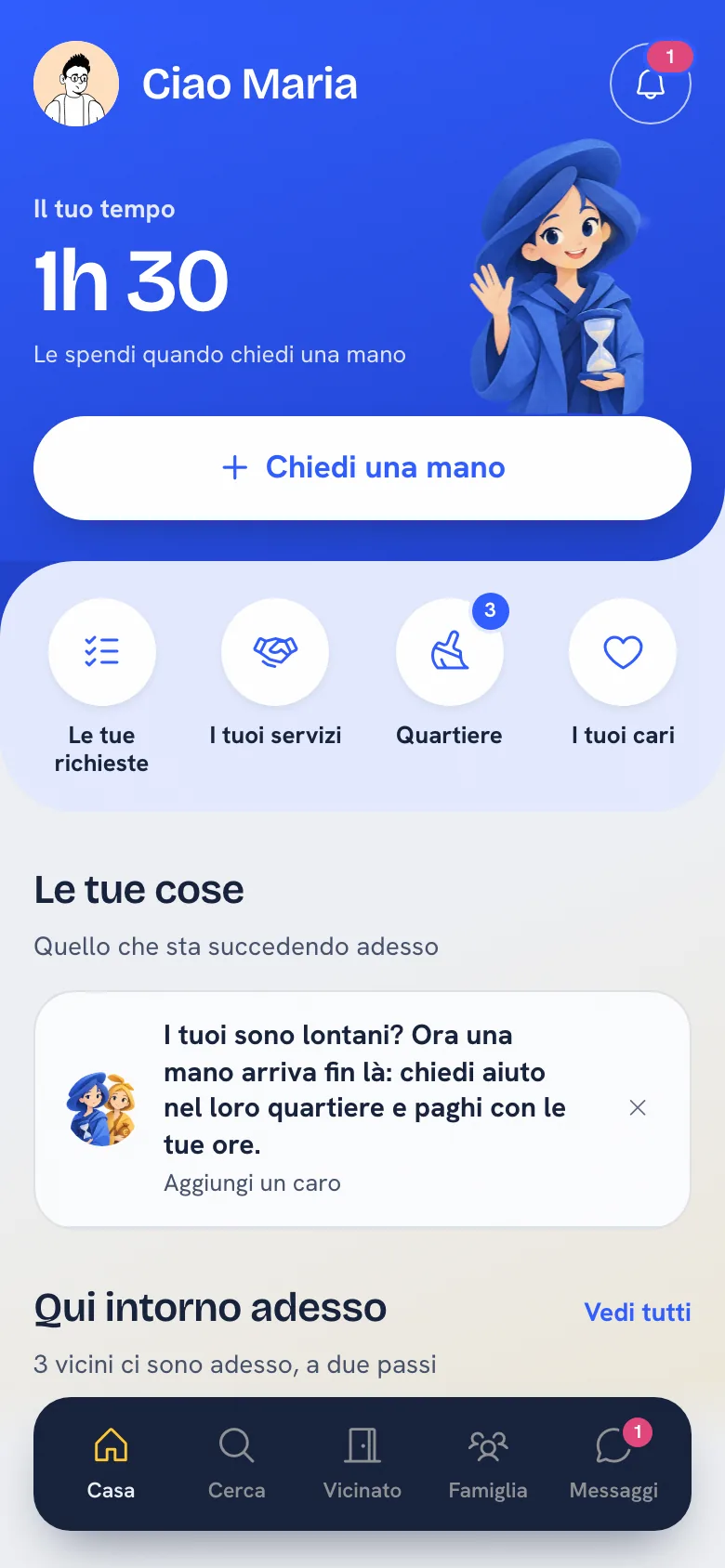 La pagina iniziale dell'app: il tuo tempo e il bottone «Chiedi una mano»